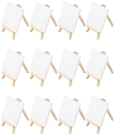 Bixury 12 Stück Mini Leinwand Set Mit Staffelei - 10x10cm Holz Dreieck Tischstaffelei Für Malerei, Zeichnen, Tisch Deko Und Basteln