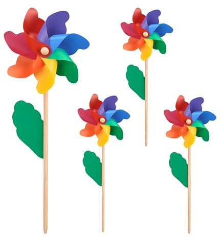 Relaxdays Set 4 Molinillo de Viento, Juego de Viento, Molinos de Viento para Balcón, Jardín, Madera y PP, Multicolor