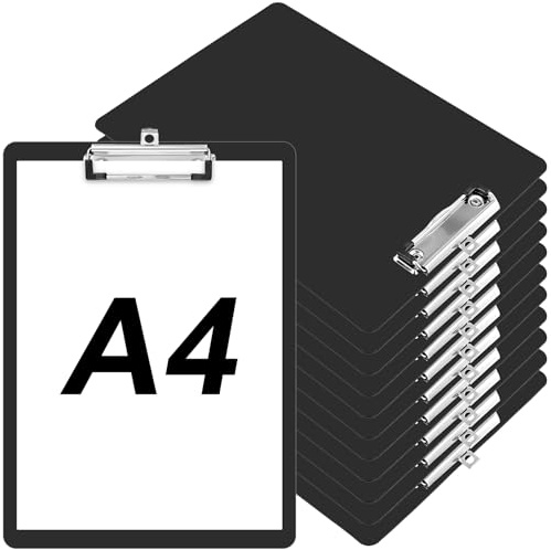 HEIYUET 12 stycken skrivbräda klämbräda A4 plast, klämbrädor A4 plast med metallklämma och upphängningsos, svart skrivplatta A4 clipboard för kontor, restaurang, skola