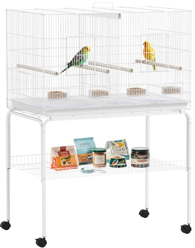 PawHut Jaula para Pájaros con Divisor, 94x57x128 cm, Pajarera con Ruedas, 4 Comederos, 4 Perchas y Bandeja Extraíble, Jaula para Loros, Canarios, Periquitos, Blanco