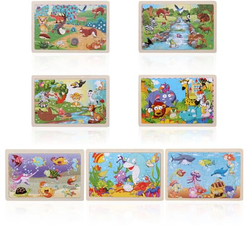 UOPJDD 7 Pezzi di Puzzle in Legno per Bambini, Puzzle di Animali da Cartone Animato, Giocattoli Creativi, Regali per Bambini.