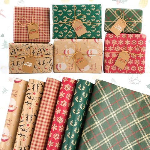 Kuvarix Papier Cadeau Noël Kraft 43 x 300cm, 6PCS Rouleau Papier Cadeau Noël, Motifs et Plaids Classiques Peints à la Main Vintage, pour Anniversaire, Festival, Décorations de Cadeaux