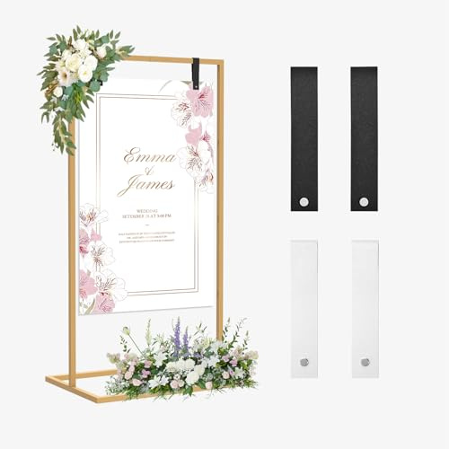 Supporto per cartelli nuziali, 164 x 76 x 51 cm Supporto per poster di matrimonio regolabile, con 4 cinghie in pelle, adatto per tabelle dei posti, ricevimenti, poster e decorazioni (Oro)