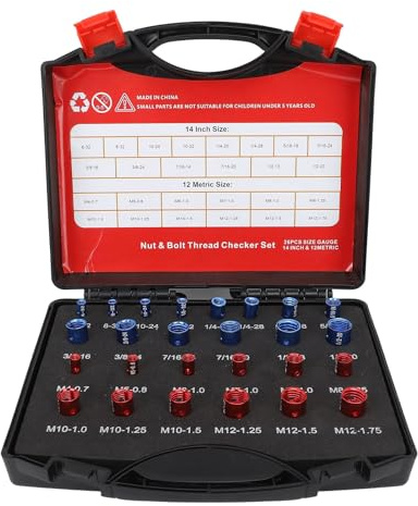 Comprobador de roscas para pernos, caja de calibradores de rosca de aluminio métricos e imperiales, identificador de roscas de alta precisión para verificar orificios roscados y pe (26 piezas)