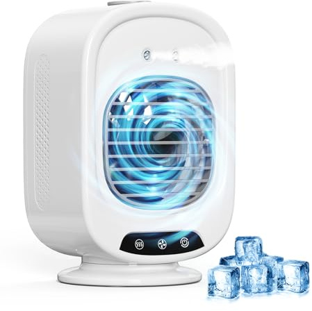 Aire Acondicionado Portatil, Mini Enfriador de Aire Portátil, 4 en 1 USB Recargable con Tanque 300 mL, 3 Velocidades, Adecuado para Dormitorio, Oficina, Camping (Blanco)