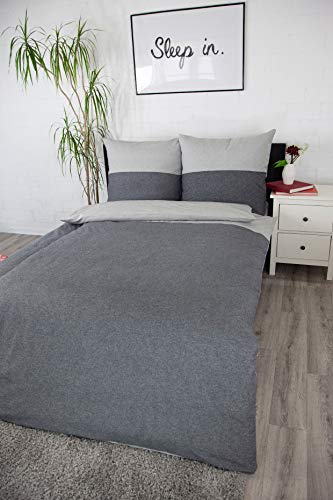 jilda-tex Biber Bettwäsche Made IN Germany Melange 135x200 cm + 80x80 cm 100% Baumwolle Feinbiberbettwäsche Edelflanell Verschiedene Größen/Farben (Dunkelgrau/Streifen Hellgrau, 135 x 200 cm)