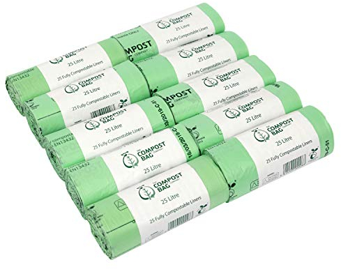 25 Litre x 250 Compostable Caddy Bags - Compost Bag Kitchen Food Waste Compost Liners 25L - EN 13432 - Compost Bag Pedal Bin Bags with Composting Guide - Kerbside Bin Liners