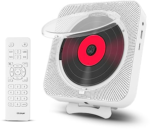 Adirigo CD-Player mit Bluetooth – Wandmontierbarer Musik-Player Home Audio Boombox mit LCD-Display und Staubschutz, integrierte HiFi-Lautsprecher mit Fernbedienung FM Radio MP3