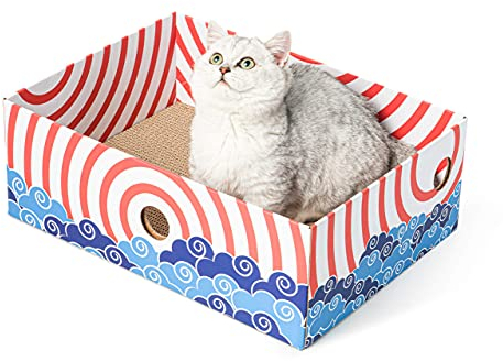 Conlun Katzen Kratzbrett mit Box, Großes Kratzmöbel, Beidseitige Kratzpappe für Katzen, Interaktive Öffnungen, Kratzbett für Wohnungskatzen, mit Katzenminze (1 Stück, Groß, Rot)