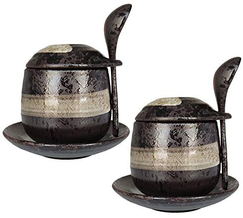 MASSJOY Set of 2 Japanese Style Stoneware Egg Custard Cooker, Medicinal Herbs Tonic Stew Pot, Seasoning Jar. (With Spoon and Saucer)