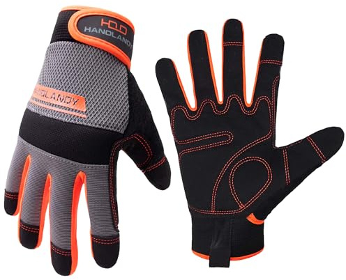 UltraLight säkerhetsarbetshandskar, herr och kvinnor multifunktionella arbetshandskar med omfattande handflata skydd, mekaniskt trädgårdsarbete konstruktion gör-det-själv-handskar med pekskärm (liten, orange/grå)