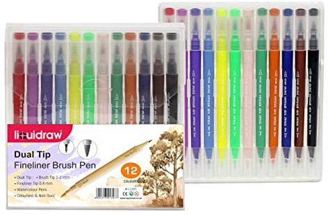 Liquidraw Dual Tip Multicolour Fineliner and Brush Pens, Set of 12 | Assorted Vibrant Colours, Innovative Design, for School, Work & Office Use, Easy Storage See-Through Wallet, Fade Resistant