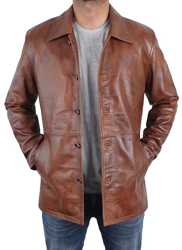 Fashion_First Men's 3/4 Mid Length Brown Real Leather Coat - Mens Brown Motorcycle Jacket Casual Leather Pea Coat mens Cosplay Costume