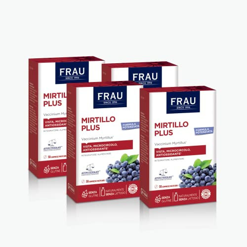 FRAU Mirtillo Plus, Integratore Microcircolo A Base Di Estratto Secco Di Mirtillo Nero, 4 Confezioni x 30 Compresse Masticabili, Gambe Pesanti E Benessere Della Vista, Senza Glutine