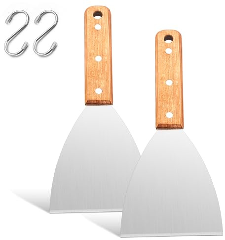 Joyfair 2 st grillspatlar i rostfritt stål med trähandtag, pizzaspatel för grillning, kök, rengöring, lutande kant och 2 krokar
