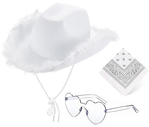 AWAVM Vit cowboyhatt kvinnor, filt fluffig fjäder trim cowgirlhatt, brett brätte fin klänning cowgirlhattar med hjärta glasögon bandana halsduk för halloween födelsedag möhippa