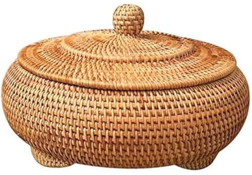 Cestino di stoccaggio in vimini con coperchio, scatola di rattan rotonda con coperchio, cesto di rattan da 8,7x4 pollici, cesto intrecciato a mano intrecciato, scatola decorativa desktop per casa da