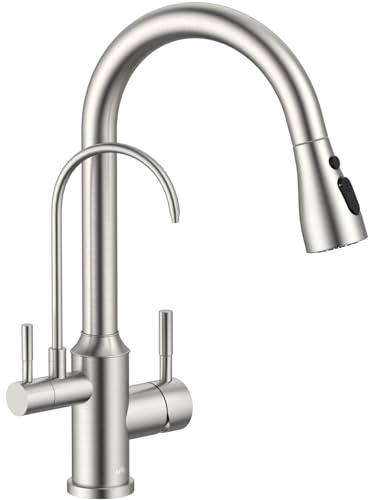 APPASO 3 Wege Wasserhahn Küche ohne Wasserfilter, 3 in 1 Mischbatterie Küche für Wasserfilter，Gebürstet 360° Drehba Armatur Küche, Trinkwasserhahn mit Ausziehbarer Handbrause