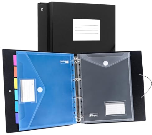 Agoer Classeur à Anneaux A4 noir avec 12 Pochettes Plastique en 6 Couleurs, Intercalaires en Plastique, étiquettes Inscriptibles et Porte-cartes, Présentoir Parfait pour les Présentations, Organiseur