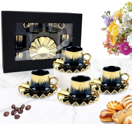 YIK TUNG Turkiska kaffekoppar set om 6 med fat, 90 ml ottomanskt porslin demitasse-espressokoppar med guldkant, stapelbara, svarta kaffekoppsset, diskmaskinssäkra presenter för