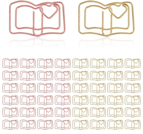 50pcs Trombones en Forme de Livre, Marque-Pages en Métal Doré et Or Rose Jolis Trombones de Forme Amusante Ensemble Pinces Mémo pour Fournitures Bureau et d'École