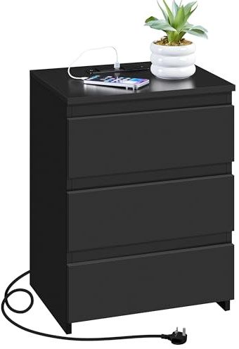 Yaheetech Charging Bedside Table with 3 Drawers, Black