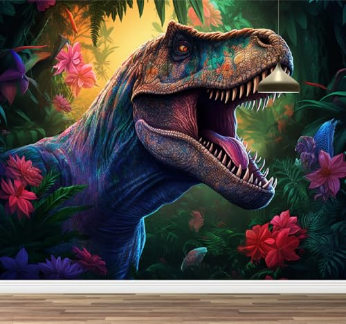 Papel tapiz con póster fotográfico 3D Dinosaurio Mural de pared extraíble Flores Tropicales Decoración pegatinas de pared para habitación infantil dormitorio de adolescentes