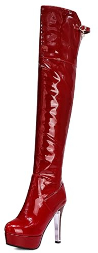 Gicoiz Femme Aiguilles Cuir Verni Cuissarde Plateforme Bottes D'Équitation Bout Rond Hiver Soirée Fête Elegant Thigh High Bottes D'Équitation Vin Rouge Taille 44 EU-46Cn
