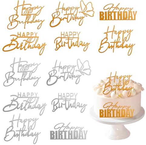 12 Piezas Happy Birthday Cake Topper, Decoración de Tarta de Acrílico de Espejo, Brillo Topper Feliz Cumpleaños, Lateral Decoracion Tartas, Adornos para Tarta de Feliz para Pastel (Dorado y Plateado)