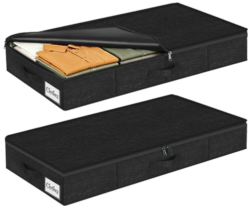 Lot de 2 Boîtes de Rangement Sous Lit avec Couvercle, Boite en Tissu Durable Sac de Rangement Pliable et Lavable, 3 Poignées Renforcées, Grande Capacité pour Vêtements Couvertures, 85x40x12cm, Noir
