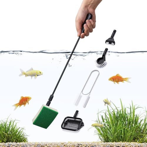 Raschietto per alghe per acquario, piccolo pulitore per acquari 5 in 1, kit di pulizia per acquari con raschietto per alghe, spugna piatta, rete per pesci, spazzola pulita, spazzola per tubi per acqua