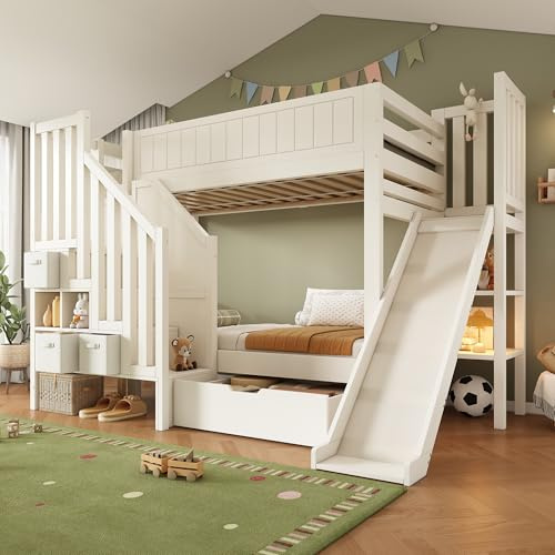 @Moflan Lin Letto a castello per bambini 90 × 200 cm con scivolo, cabina scaletta, grandi cassetti e scaffalatura aperta, bianco, rete a doghe, sicurezza EN747-1:2024, ideale per famiglie con più