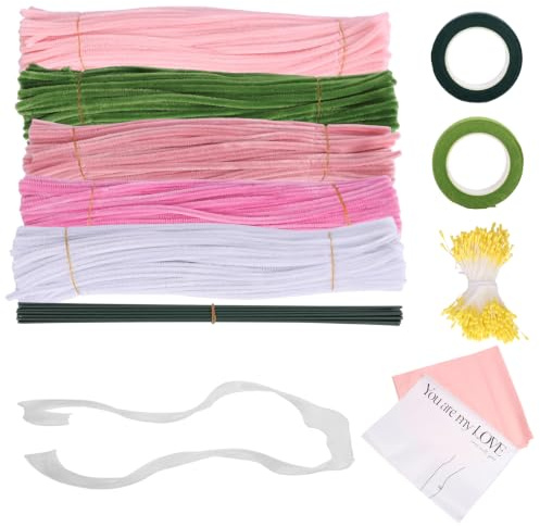 500 Piezas Limpiapipas Manualidades, Kit de Flores con Limpiapipas, Set de Crear Flores, Incluye Cinta Floral, Tallos de Alambre, Cinta y Papel para Manualidades Infantiles