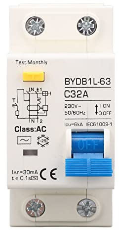 FTVOGUE AC-läckageskyddsbrytare 1P+N Ministrömbrytare 32A 30mA Typ AC-läckageskyddsströmbrytare för Hemrenovering Engineering Rural Grid Projects