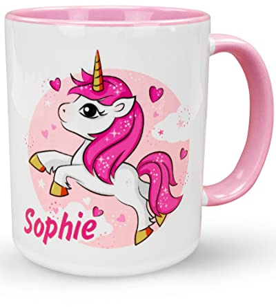 Unikatolo Einhorn Tasse mit Name personalisiert, Namenstasse Keramiktasse bedruckt für Kinder & Erwachsene Geschenk-Idee für Mädchen & Frauen, Rosa Pink Kindergeburtstag Mottoparty Kleine Geschenke