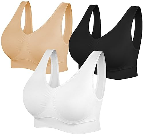 SIMIYA Super Comfort Bra, Womens Sports Bras Removable Pads Plus Size Sleep Bras for Girls in Yoga Bralette Leisure Stretch Crop Tops Vest (L, Black+White+Beige)