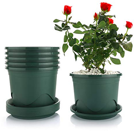T4U 19CM Plastic Plant Pot with Saucer Set of 6, Root-Control Nursery Seedling Planter Decorative Garden Flower Pot Container Green for Indoor Outdoor Bonsai Plants, Aloe, Herb, Orchid and More