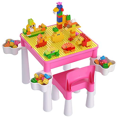 burgkidz Toddler Table and Chair Set, Plastic Kids Activity Table with Chair and 128 Piece Large Creative Bricks Building Construction Toys for Girls, Pink
