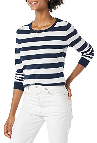 Amazon Essentials Women's Long-Sleeve Lightweight Crewneck Jumper (Available in Plus Size), Navy White Rugby Stripe, L