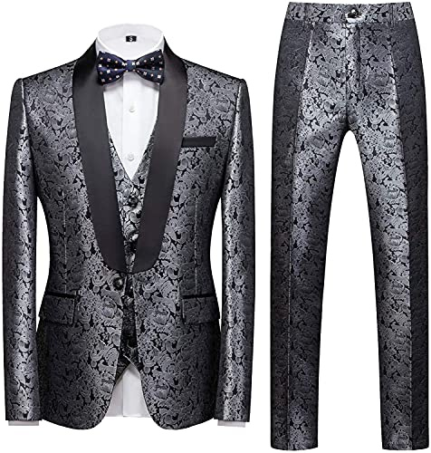 KUDORO Abito da Uomo 3 Pezzi Paisley Slim Fit Abiti da Sposa Abito Elegante Cerimonia Abito da Smoking Blazer Gilet Pantaloni(Argento,S)