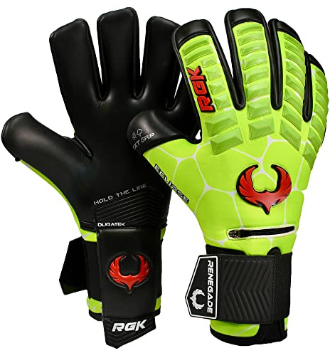 Renegade GK Eclipse Nova Professional Goalie Gloves with Pro Fingersaves | 4mm EXT Contact Grip | Neon Yellow & Red Football Goalkeeper Gloves (Size 7, Youth, Junior, Neg. Cut, Level 5)