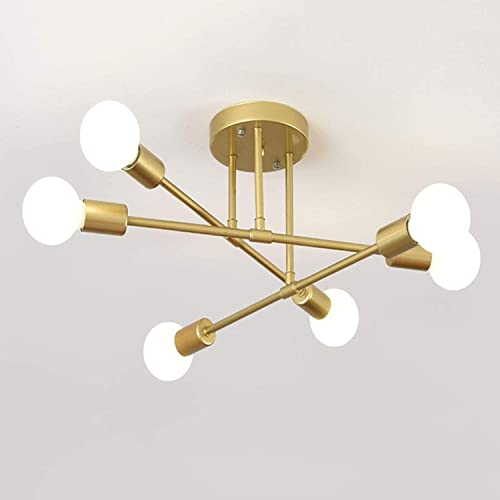 Lámpara de araña Retro en Metal Sputnik Semiencastrada Industrial Lámpara de techo E27 Moderno Oro 6 luces Chapa de madera Latón Plafón para Dormitorio Salón
