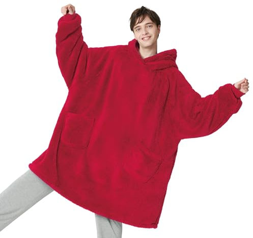 BEDSURE Hoodie Decke mit Ärmeln - Kuschelpullover als Geschenke für Frauen - Übergroßer Tragbare Decke Kuscheldecke mit Ärmeln Geschenke für Freundin Mama Oma Damen Herren xxl, Rot 107x90 cm