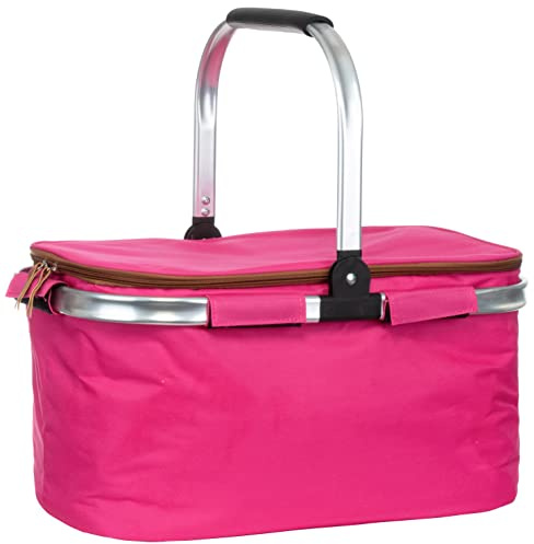 Brandsseller Shoppingkorg 26 liter, vikbar kylkorg med lock, shoppingväska, picknickkorg med dragkedja, vadderat bärhandtag av aluminium – rosa