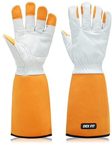 DEX FIT FG310 Guanti da Giardinaggio Lunghi in Pelle; da Lavoro per Donna e Uomo, Anti Spine, Confortevoli e Rinforzati per Potare Siepi e Rose; Arancione XL (10) 1 Paio
