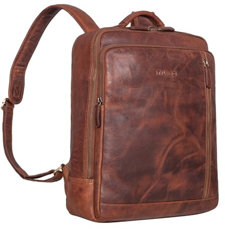 STILORD 'Kaleb' Laptop Backpack 15 Inch Leather Business Backpack Large Rucksack Bag with Trolley Attachment System Vintage Leather, Colour:Kara - Cognac