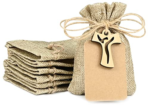 FORMIZON 24pcs Bolsitas Regalo Comunión, Bolsitas de Yute para Bautizo, Bolsas de Lino con Cordon, Saco de Yute Reutilizable, para Comunión de Bautismo, Chuches, Joyería, Fiesta, Bodas (Cruz)