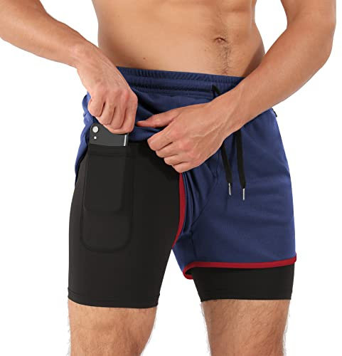 Superora Short de Course Hommes Short de Compression Gym Fitness Workout 2 en 1 Short avec Poche téléphone et Poches zippées