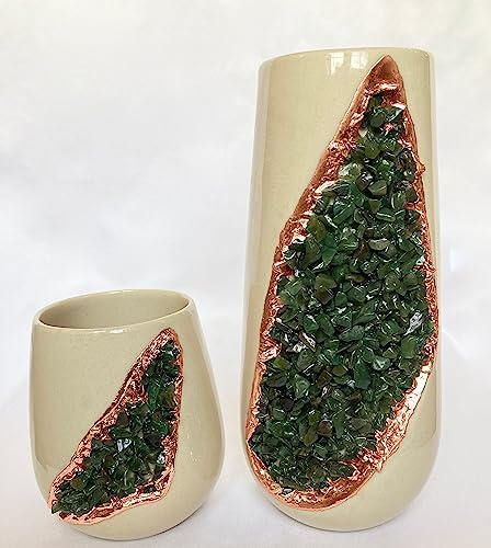 Cream and Gold Ceramic Vase/Planter/Pot/Wine Goblet/Mug with Green Semi - Precious Agate Crystal Gemstones |Both(Small & Large), (Rose Gold - Finish)