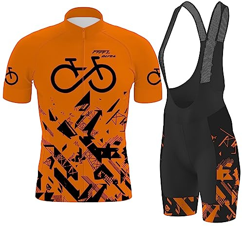 Hombre Conjunto Ropa de Ciclismo para Verano, Maillot Manga Corta de Bicicleta, y Culotte Ciclismo Transpirable, Secado Rápido.Traje de Ciclismo Hombre de Equipos Profesionales. (Naranja A,M)